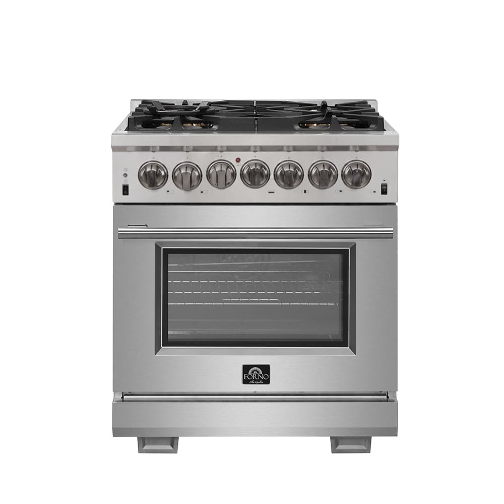 Forno Capriasca 30-Inch Freestanding French Door Dual Fuel Range, 4 Burners, True Convection Oven