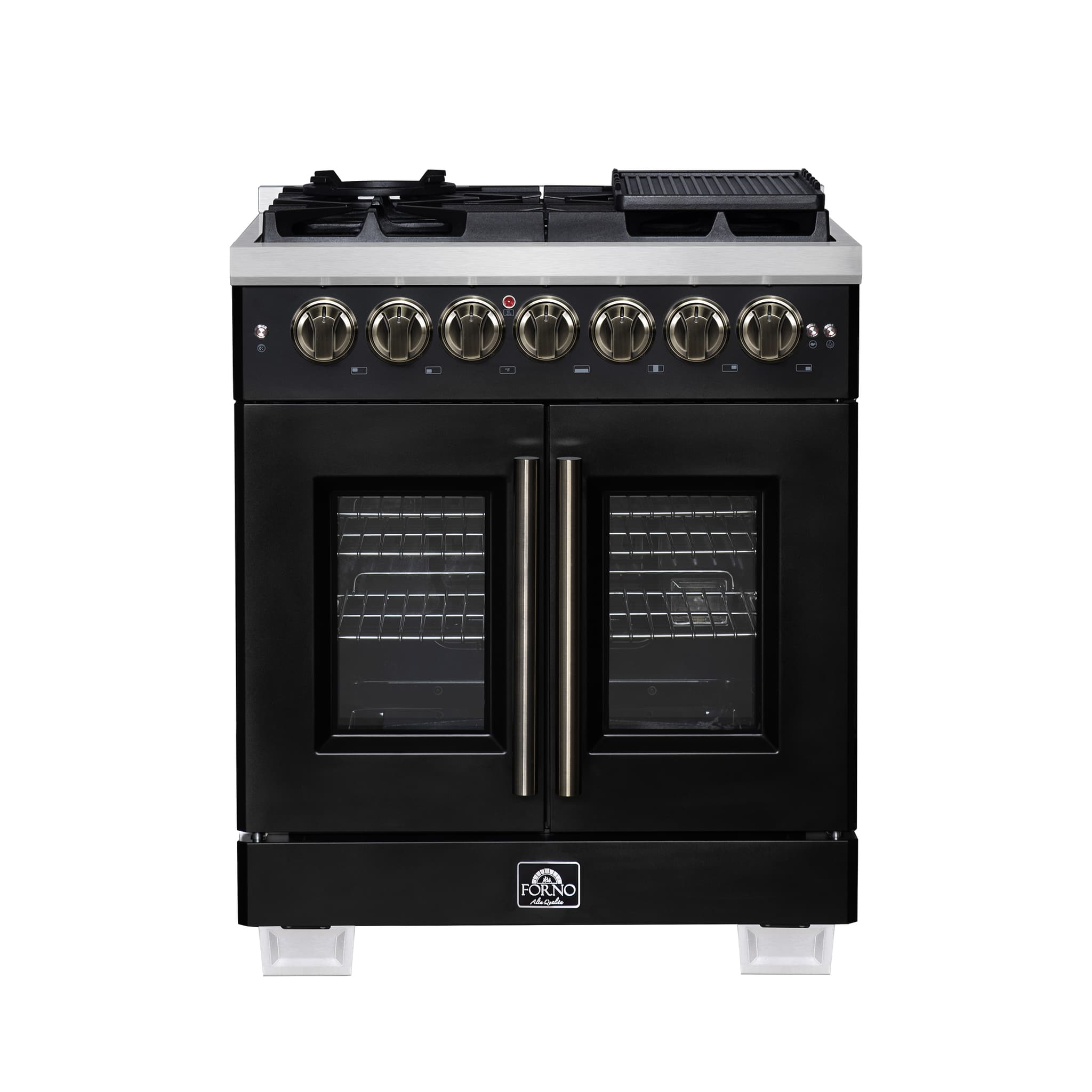 Forno Antico 36-inch Dual Fuel Range, Black and Antique Brass, 6 Burners, 4.5 cu.ft. Convection Oven