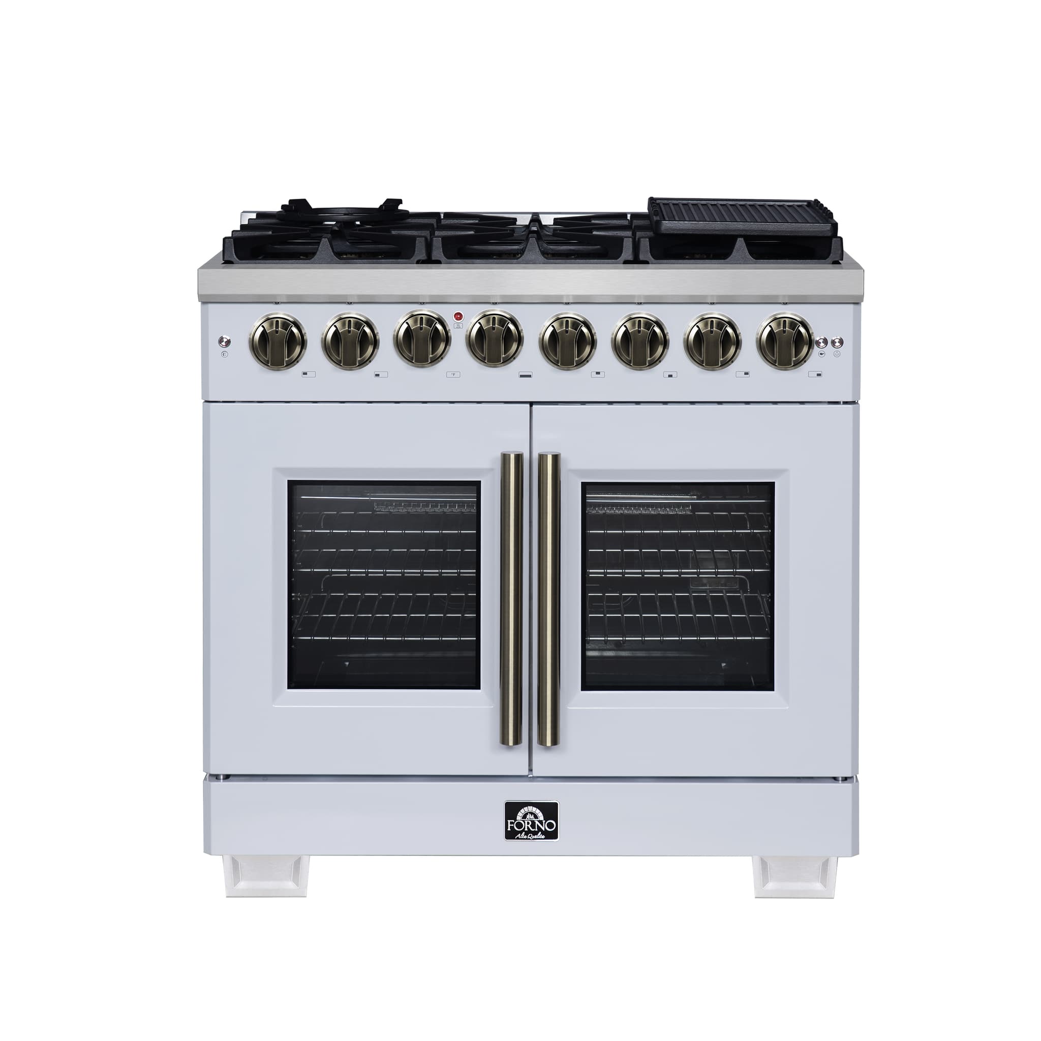 Galiano 48-inch Dual Fuel Range Black & Antique Brass Design with 8 Sealed Burners 107,000 BTU, 6.58 cu. ft. double ovens & Griddle