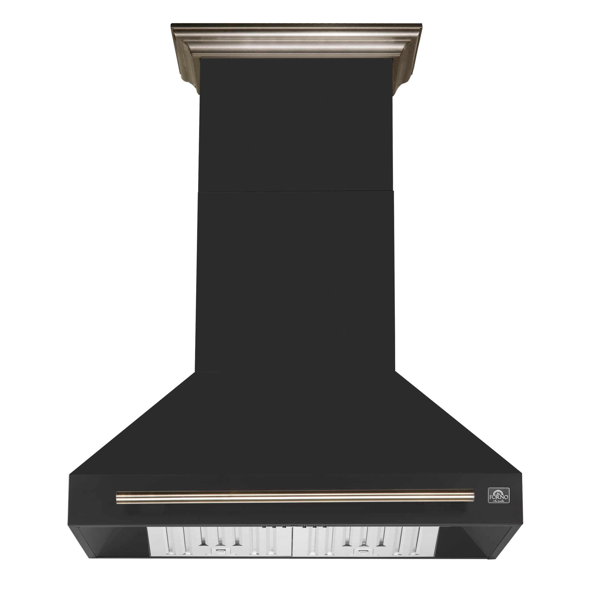 Forno Vittorio 48-Inch Wall Mount Range Hood, Black with Antique Brass Trim, 424 CFM Airflow, Dishwasher-Safe Baffle Filters, Remote Control, 3-Speed Fan, Bright LED Lighting.