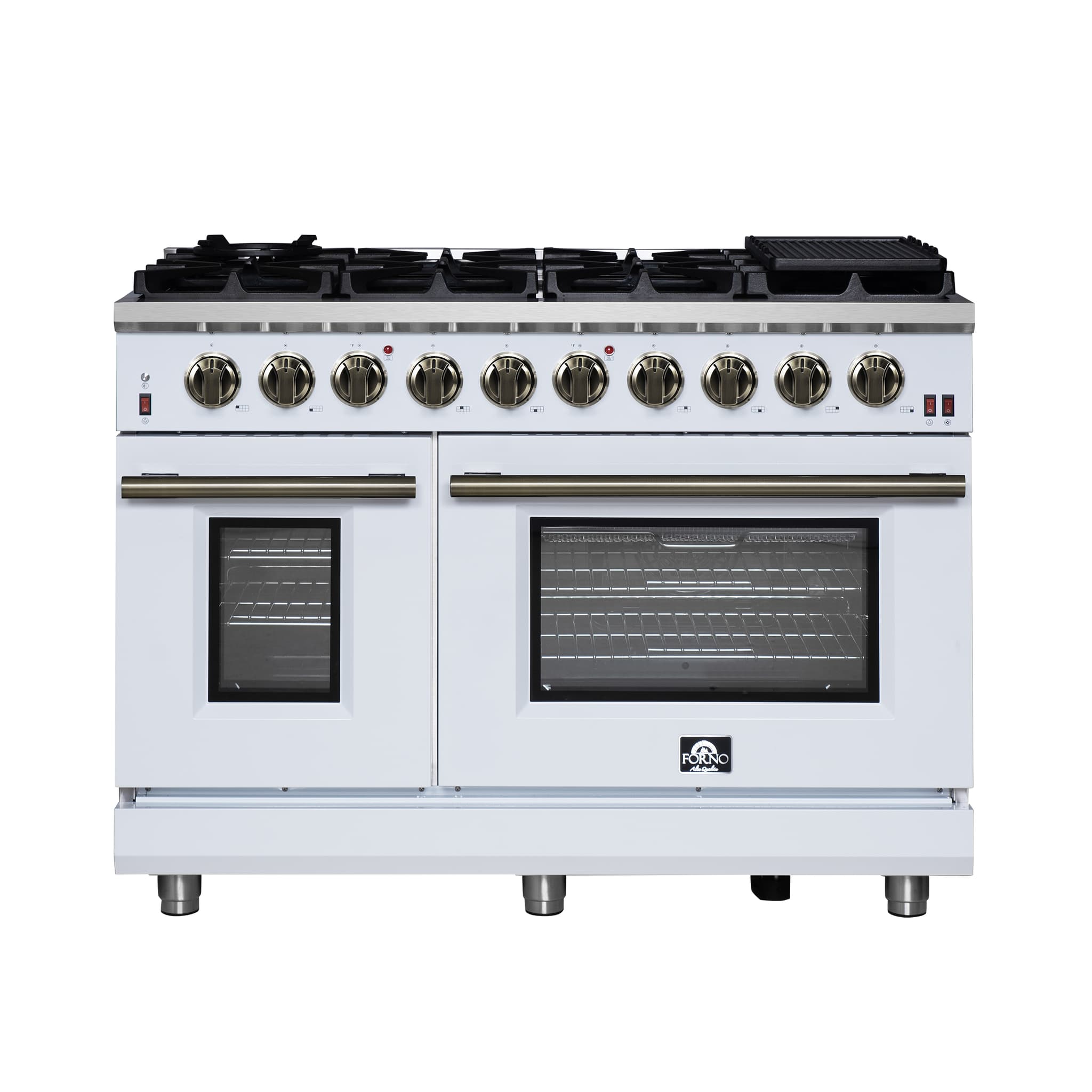 Forno Galiano 30-inch French Door Gas Range Black and Antique Brass Design, 5 Sealed Burners 68,000 BTU, 4.32 cu.ft. Convection Oven