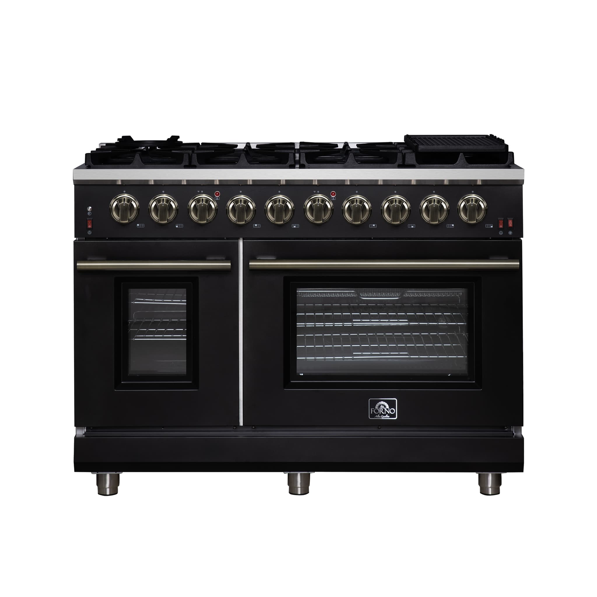 Forno Galiano 36-inch French Door Gas Range Black and Antique Brass Design, 6 Sealed Burners 83,000 BTU, 5.36 cu.ft. Convection Oven