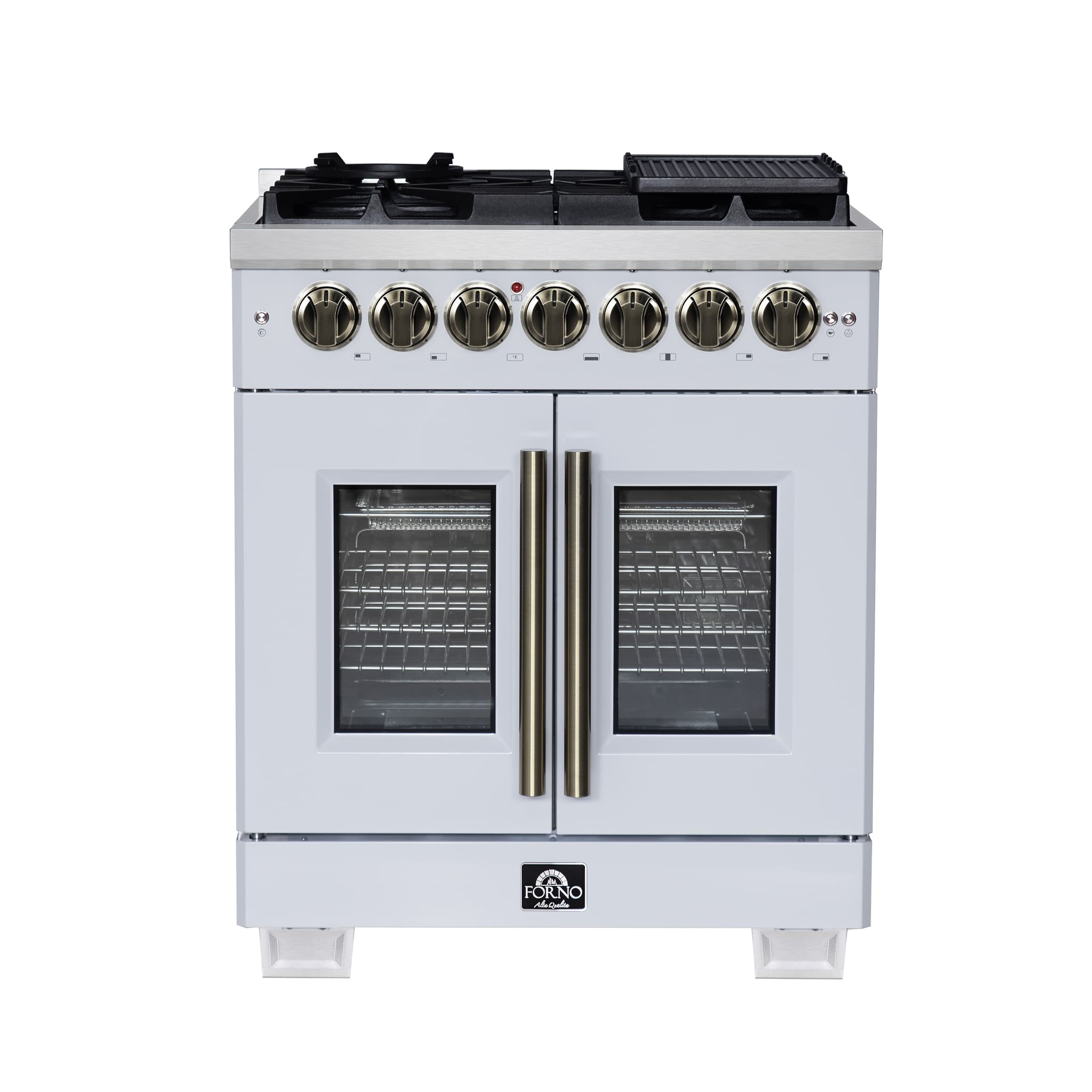 Forno Antico 36-inch Dual Fuel Range White and Antique Brass Design with 6 Sealed Gas Burners and Electric Convection Oven