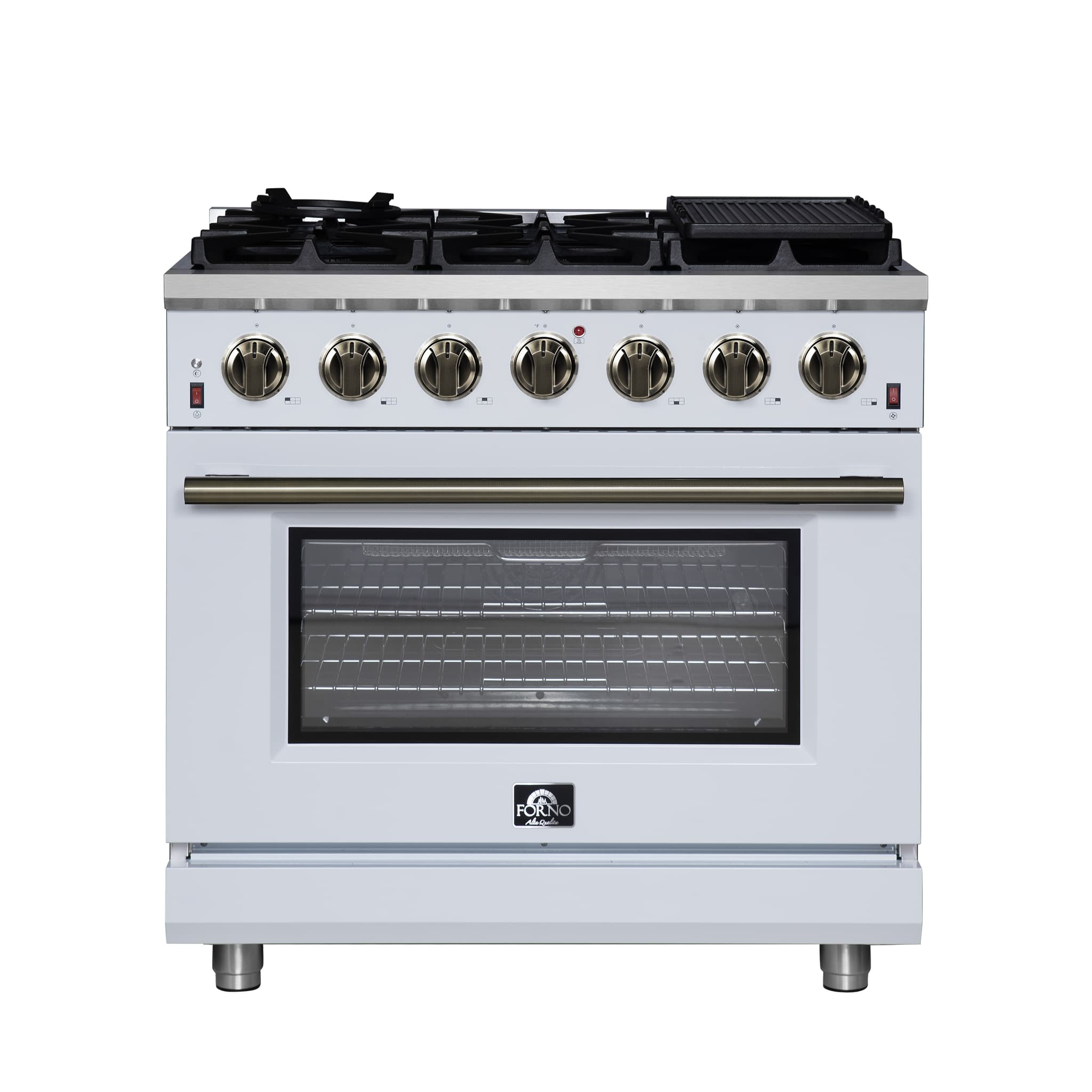 Forno Antico 48-Inch Freestanding Gas Range, White, Antique Brass Design, 8 Burners, Griddle, Double Ovens, Energy Efficient