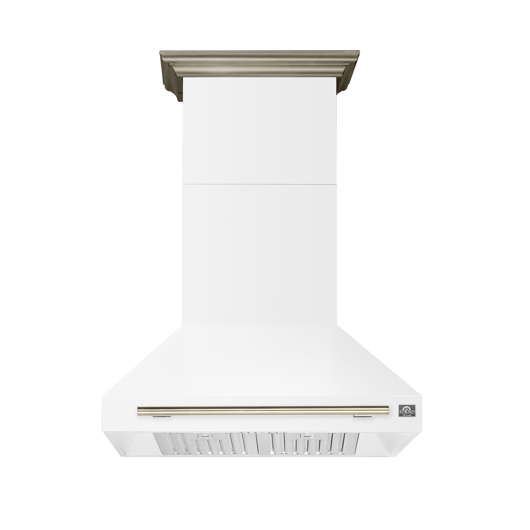 Forno Vittorio 48-Inch Wall Mount Range Hood, White with Antique Brass Trim, 424 CFM Airflow, Dishwasher-Safe Baffle Filters, Remote Control, 3-Speed Fan, Bright LED Lighting