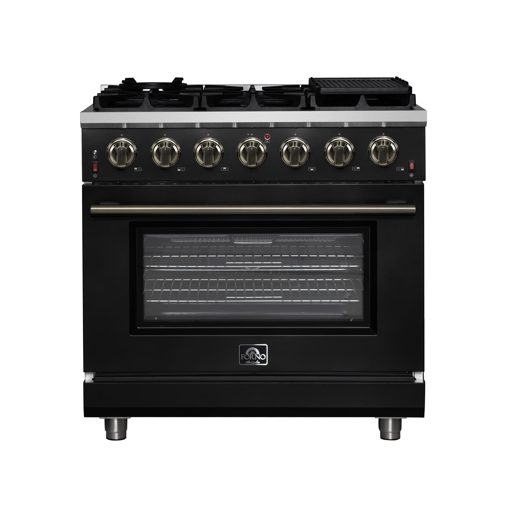 Forno Antico 36-Inch Freestanding Gas Range, White, Antique Brass Design, 6 Burners, Convection Oven, Energy Efficient