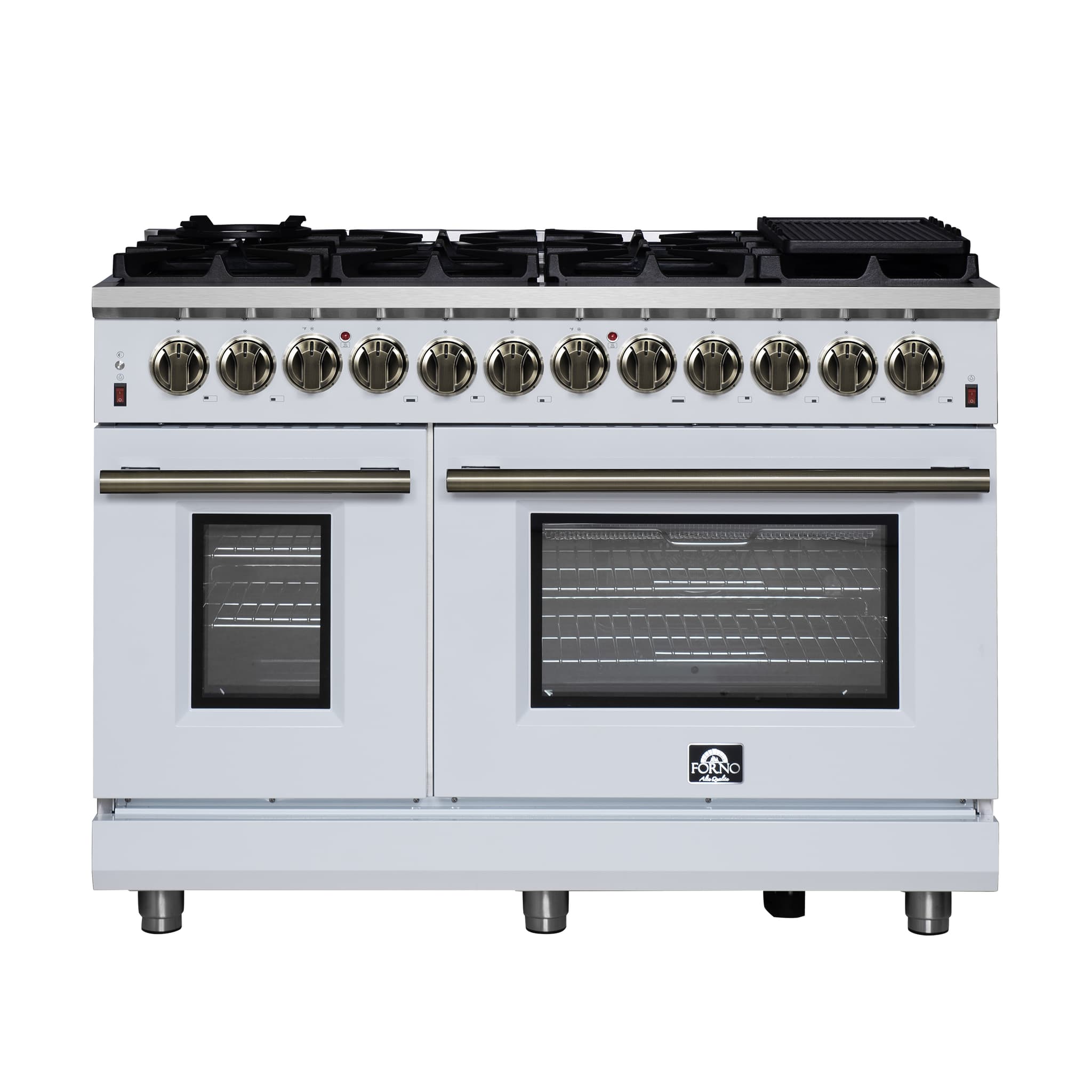 Forno Massimo 36 Inch Freestanding Dual Fuel Range in White with Antique Brass Accessories, 6 Burners, 5.36 cu. ft. Convection Oven