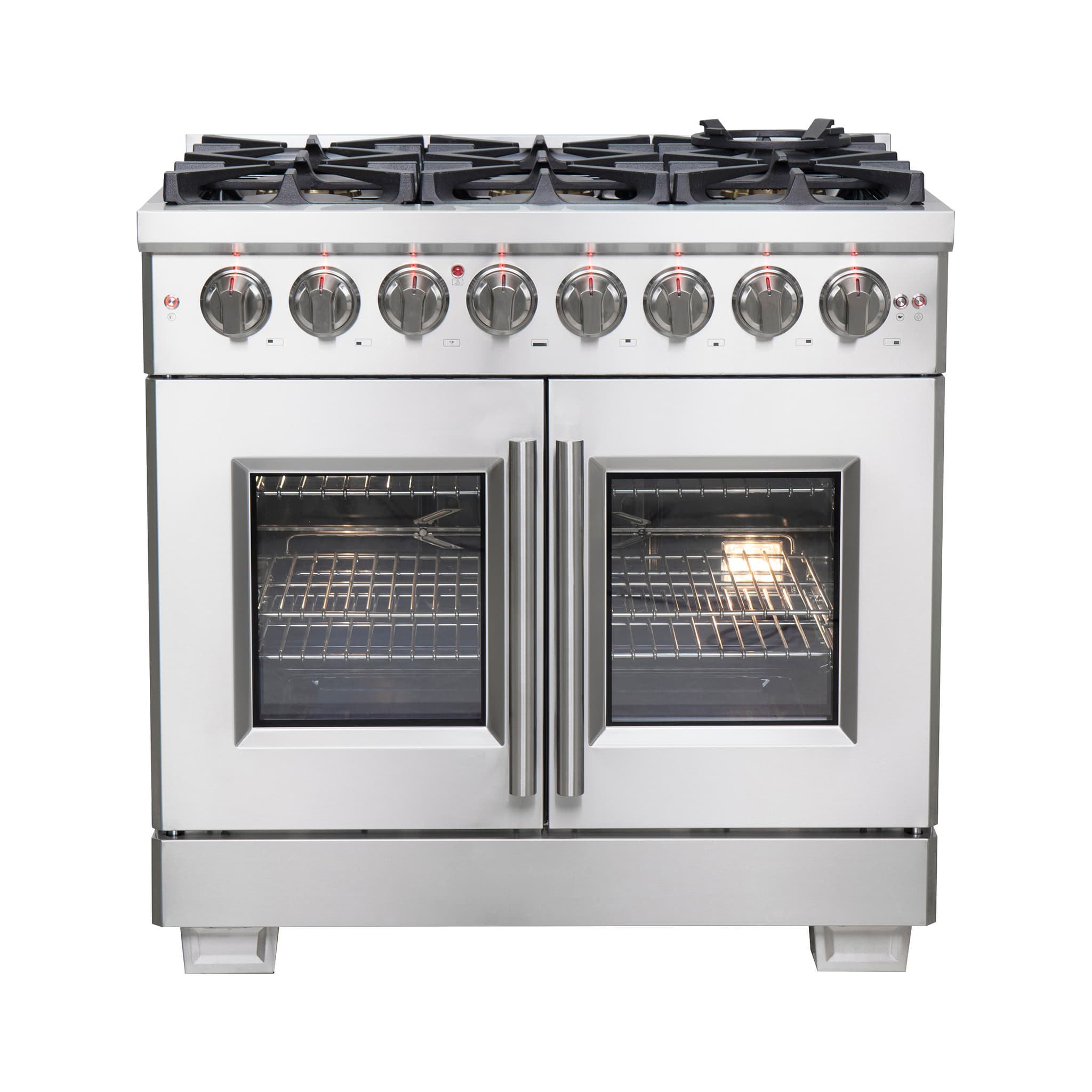 Forno Antico 48-Inch Dual Fuel Range, Black with Antique Brass Finish, 8 Burners, 94,000 BTU, 5.5 cu.ft. Double Ovens & Griddle