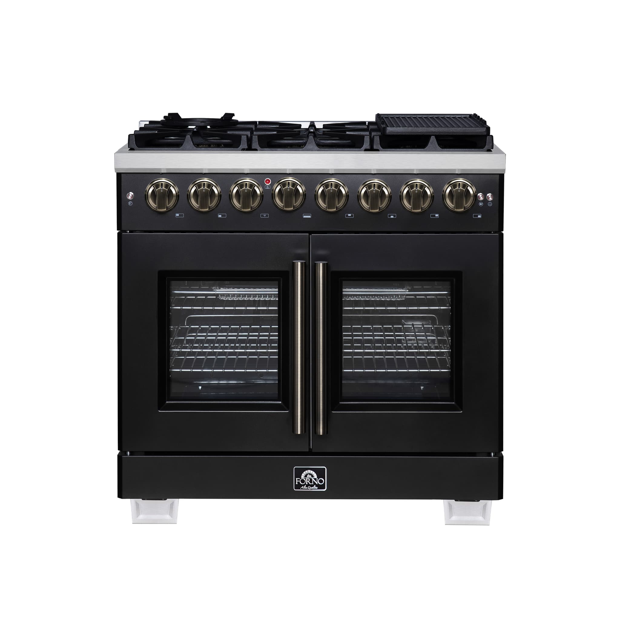 Forno Antico 48-Inch Dual Fuel Range, White with Antique Brass Finish, 8 Burners, 94,000 BTU, 5.5 cu.ft. Double Ovens & Griddle